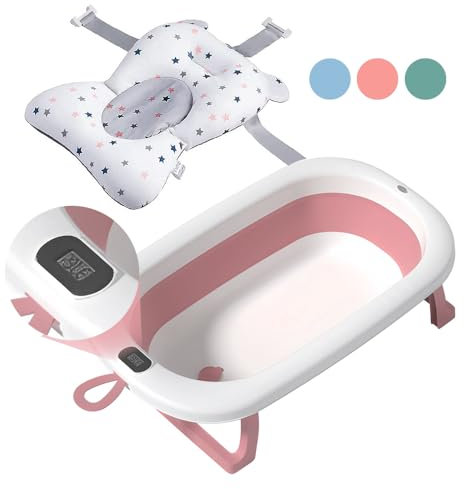 BAÑERA PLEGABLE BEBÉ 5 EN 1 con Termómetro + Cojín Protector + Patas Antideslizantes + Tapón de Seguridad | Apta para Bebé Recién Nacido | Diseño Plegable en 1 | Fácil de Guardar (Rosa pastel)