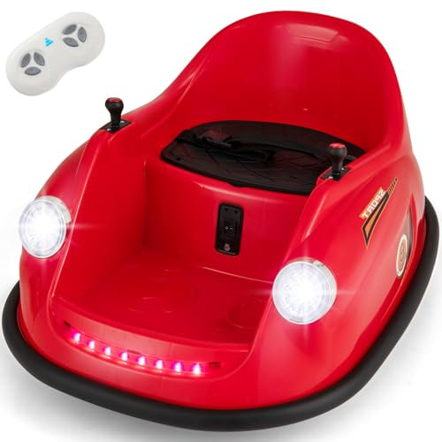 GYMAX Kids Ride On Bumper Car, 12V Battery Powered Toy Car with Remote Control, Joysticks, Lights, Music, Safety Belt & Slow Start, 360° Spin Children Electric Waltzer Car for 2-5 Years Old (Red)