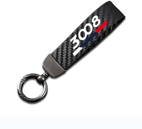 Generisch Auto Schlüsselanhänger für Peugeot 3008 Kohlefaser Leder Seil 360 ° Drehbarem Anti-Verlust-D-Ring Schlüsselanhänger Auto Zubehör,Black-12.5CM