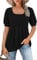 WNEEDU Ladies Tops Square Neck T Shirts for Women UK Summer Puff Short Sleeve Blouses Pleated Tunic Tshirts Flowy Elegant Casual Tee Black L