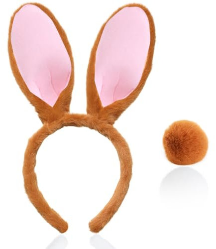 YUSHWENPTY Accessoires Déguisement Lapin 2 Pièces Serre Tete Paques Oreilles de Lapin Cosplay Queue de Lapin Deguisement Pour Pâques Fête (Marron)