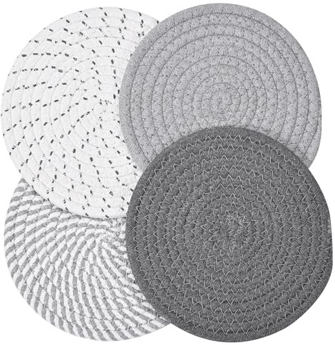 Szaboviktoria 4 Stück Topfuntersetzer, 18 cm Untersetzer Topf, Topfuntersetzer Hitzebeständig, Teekanne Untersetzer, Topfuntersetzer Filz, Runder Gewebter Topflappen, Für Schüsseln und Teller, Grau
