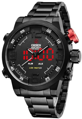 Alienwork DualTime Analog-LED Armbanduhr Herren Damen Schwarz Edelstahl Metallarmband Kalender Multi-Funktion Multi Zeitzonen