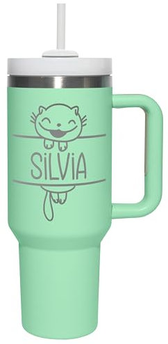 Thermobecher personalisiert mit Gravur „Katze & Wunschname“ - Trinkbecher mit Deckel & Strohhalm 1,2 l / 40oz - Geschenk für Katzenliebhaber Geburtstag Weihnachten - Farbe Mint