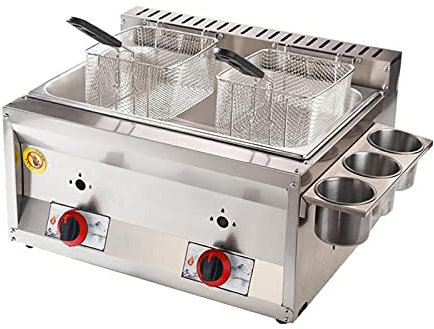 HMASNSEIY Friteuse à gaz, Friteuse à gaz Double Cylindre, 12 L, Commerciale, Profonde, avec bac à assaisonnement et paniers à friture en Acier Inoxydable avec Couvercle pour Frites, Beignets, Poisson