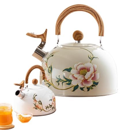 Bollitore da tè floreale, teiera da cucina vintage, 3 l, con manico, color crema, design floreale rivestito in smalto, motivo bianco rosa, per casa, inaugurazione della casa, lunga durata