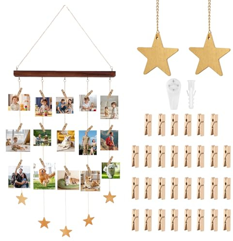 DEECOZY Bilderrahmen mit Klammern und Leine, Fotovorhang Collage, Wandbehang für Geburtstag, Hochzeit, Weihnachten, Jubiläum