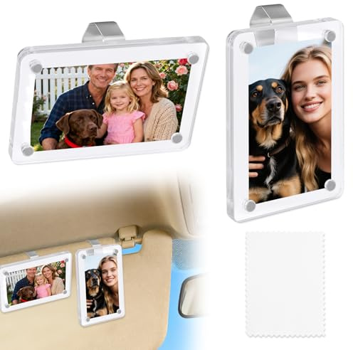 Penitue Car Photo Holders for Sun Visor, Acrylic Magnetic Picture Frame with 2 Stainless Steel Clips & Cleaning Cloth Personalized Car Accessories for Photos Display