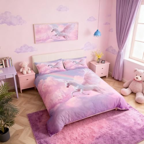 Homemissing Einhorn Glitter Bettwäsche Set 135x200cm für Kinder Jungen Mädchen Feen Schloss Betten Atmungsaktiv Dreamy Horse gedruckt Bettwäsche-Set Magisches Einhorn Bettbezug mit 1 Kissenbezug