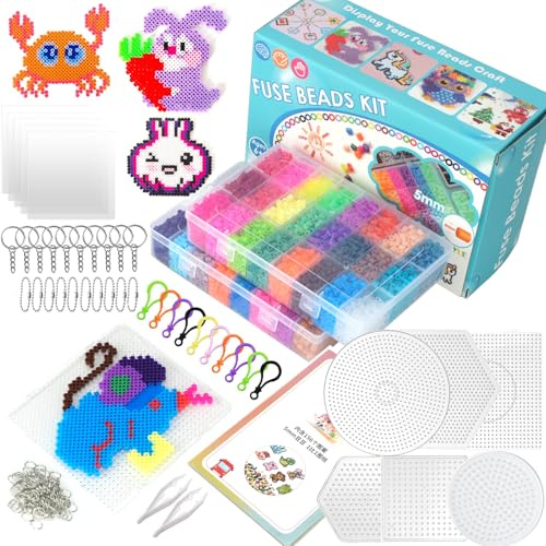 Sigowal Fuse Beads Kit, 9600pcs 48 Colors 5mm Iron Beads Set for Kids with 6 Pegboards,10 Ironing Paper and Accessories, Arts and Crafts Gifts for Boys Girls Christmas Birthday