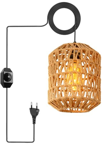 Vintage Hängelampe mit Stecker, E27 Retro Pendelleuchte mit 4,5M Kabel und Hanfseil Lampenschirm, Fassung Lampenkabel mit Schalter für Schlafzimmer Foyer Balkon, Ohne Birne