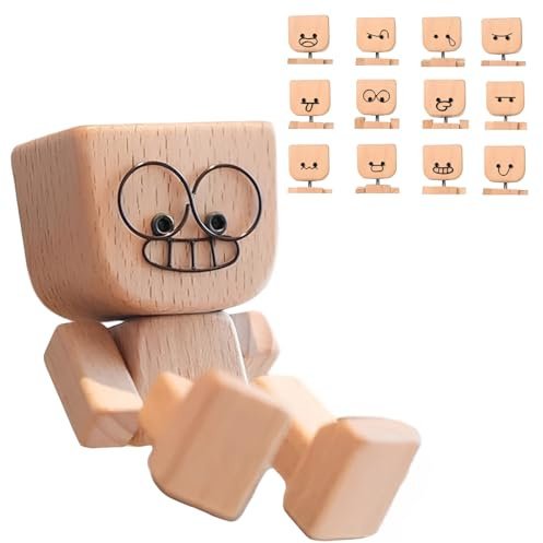 THQAE Figura de Madera Temblorosa, Figura de Hombre de Madera Que Agita los Pies con 12 Expresiones Hombre de Maderas Tambaleante Hecho Mano Adorno