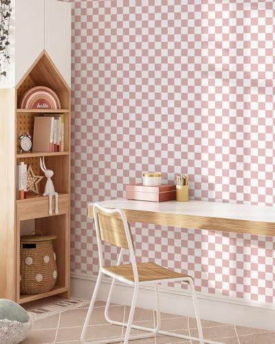 Yomshi Selbstklebende Tapete Boho Klebefolie Möbel 44 x 1000 cm Rosa Karierte Vinylfolie Geometrische Tapete für Tisch Möbel Wand Schlafzimmer Selbstklebend Einfach Anzubringen Aufwertung
