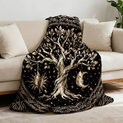 GLOBLELAND Flanell Wurfdecke, Schwarz, 150x130 cm, Weich, Waschbar, Für Erwachsene, Baum des Lebens, Sonne und Mond Divination Muster