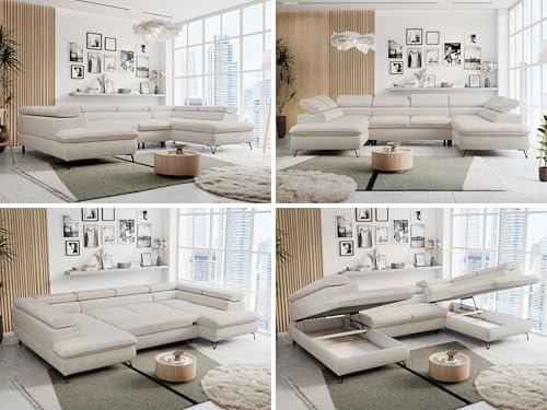 MKS MEBLE Sofa U-Form, Wohnlandschaft U-Form, Sofa mit Schlaffunktion und Bettkasten, Schlafsofa mit Bettkasten, Couch mit Verstellbare Kopfstützen - Peter U - Creme Velvet (mit Topper T25)