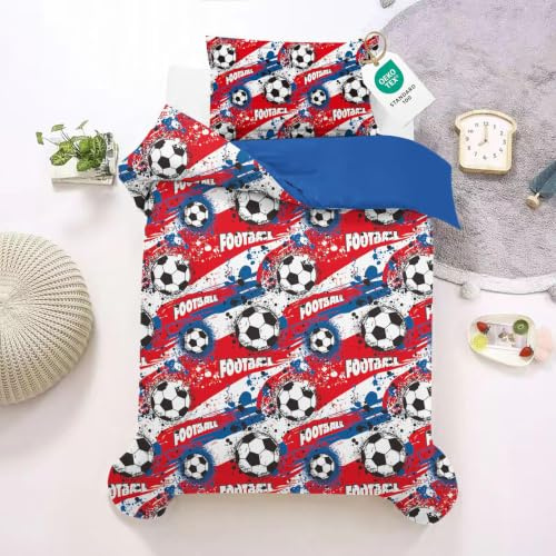HOMHOMHA Bettwäsche Kinder 135x200+1 Kissenbezug 80x80 cm-Fußballmotiv | Mädchen Bettwäsche aus Microfaser，Oeko-TEX Zertifiziert -Rot-Blau für Jungen, Jugendliche