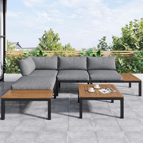 BTM Garten-Lounge-Set (2 Zweisitzer, 2 Beistelltische, 1 Tisch), Tischplatte aus massiver Akazie, Stoffbezug für Rückenlehne, grau