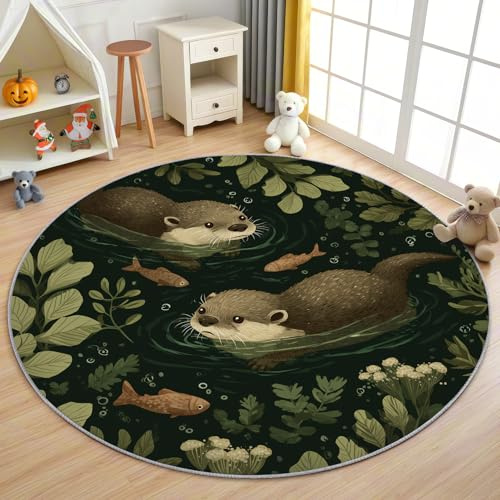 AevuCub Otter Teppich Rund 120cm Kurzflor - Waschbare Teppiche Wohnzimmer Süße Otter Fisch Kinder Tier - Runder Teppich 120 Durchmesser Kinderzimmer - Bettvorleger rutschfest Weich