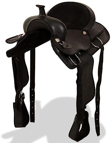Runheo Selle équitation Cheval Cavalier Amazone randonnée Dressage Saut Obstacle Western Endurance Cuir véritable 16 Pouces Noir avec bridon et col de Poitrine pour Confort et Maintien