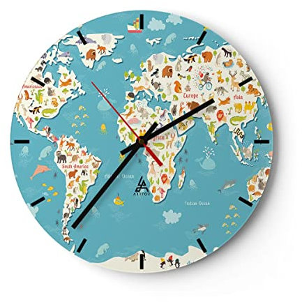 Modern Wanduhr Geographie Globus Grafik Illustration 30x30cm Rund Klein Wand Uhr Glas Analog Zimmeruhren Küche Büro Wohnzimmer Glasuhr Wall Clock Dekoration Design Küchenuhr C3AR30x30-3106