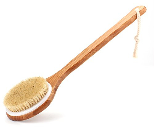 Shower Brush with Natural Bristle - Long Bamboo Handle Bath Body Brush for Wet or Dry Brushing - Improves Blood Circulation, Exfoliating Skin