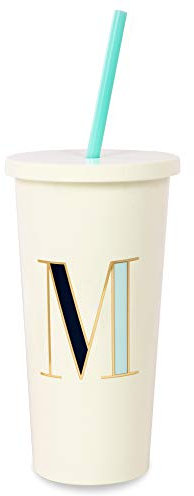 Kate Spade New York Insulated Initial Tumbler with Reusable Silicone Straw, 20 Ounces, R (Purple)