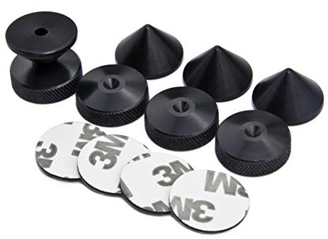 PrecisionGeek Speakers Spikes and Pads Set 20mm diameter, Black Anodised Aluminium, Conical spikes, Pads knurled on side, self adhisived included for HiFi Systems, Cabinets, Soundbars