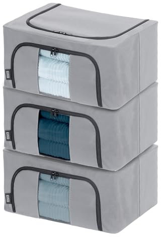 LIVIVO Set of 3 Storage Bags Boxes Organiser Double Opening Zips Clear Windows – Great for Storing Duvets Blankets, Bedding, Clothes Towels, Sweaters Toys - Under Bed Closet Wardrobe Box