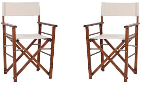 Regiestuhl Set 2 Stück faltbar aus Holz Stoff Ecru Nussbaum Finish