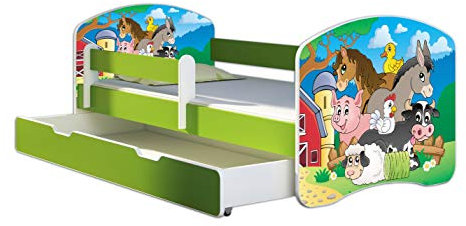 ACMA Kinderbett Jugendbett mit Einer Schublade und Matratze Grün mit Rausfallschutz Lattenrost II 140x70 160x80 180x80 (34 Farm, 180x80 + Bettkasten)