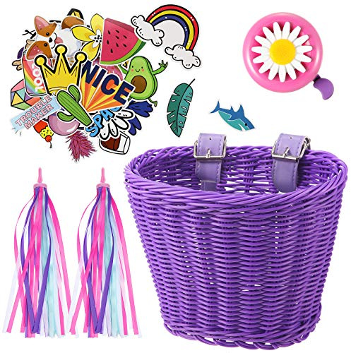 Set di Streamer Cestini per Bici di Bambine, Cestino di Vimini per Manubrio di Bici con Stelle Filanti Colorate Campanello Adesivi, Accessori Decorazione di Bici Ragazze (Viola)