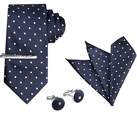 Allegra K Men Wedding Polka Dots Self-tied Tie Handkerchief Necktie Sets | Chic pattern set includes pocket square, cufflinks, clip. Soft texture. Formal occasions.