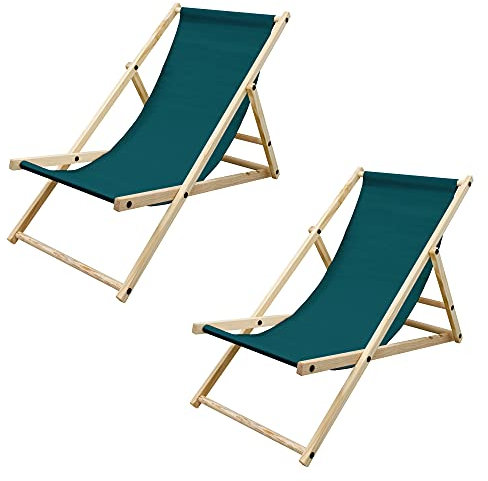 ECD Germany 2er Set Liegestuhl klappbar aus Holz, 3 Liegepositionen, Dunkelgrün, bis 120kg, Gartenliege Sonnenliege Relaxliege Strandliege Liege Strandstuhl Klappstuhl, für den Garten Terrasse Balkon