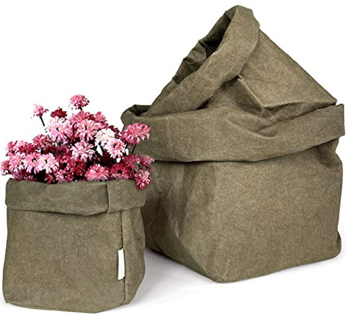Cache Pot Plante Interieur en Papier Kraft Écologique - Lot de 3 Pots de Fleurs Plastique Décoratifs - Panier de Rangement Salle de Bain et pour Décoration Cuisine en Vert