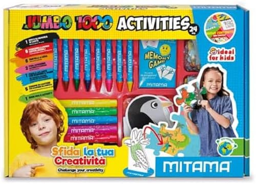 Mitama, Spielboxen Jumbo 1000 Activities, 24 Stück, waschbare Marker, Wachsmalstifte, Stickers, Books und Karten zum Malen, Gedächtnisspiele, Kreativspiele für Kinder, Formationsspiele