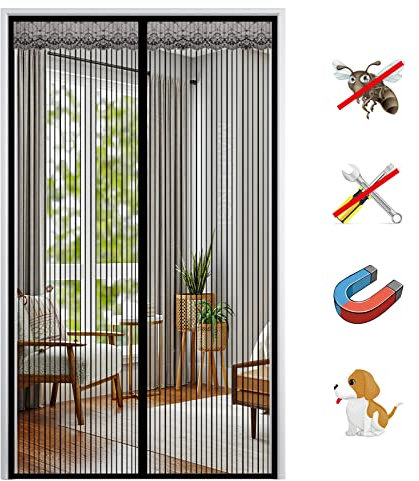 Magnet Fliegengitter Tür, Insektenschutz Balkontür Fliegenvorhang Moskitonetz Automatisches Schließen, ohne Bohren, für Balkontür Wohnzimmer Terrassentür-Black-B|| 90x220cm(35x86inch)