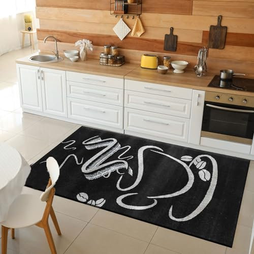 VIMODA Küchenteppich Schwarz Trendiger Kaffee Teppich, Cappuccino Muster Tasse Kurzflor, Maße:80x250 cm