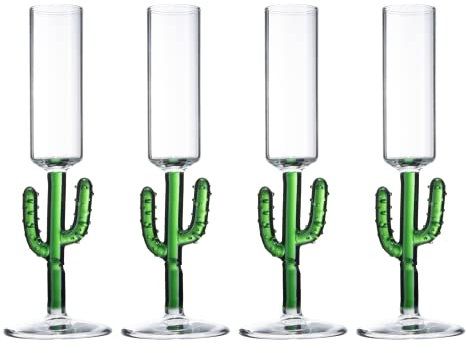 Kaktus-Schnapsgläser, 70 ml, Kaktus-Geschenke – Set mit 4 Stück, grüne Farbige Glasfiguren, Pflanzendekorationen – Schnapsglas, Cocktailgläser, Hochzeitspartygläser, 4.4 cm hoch, mundgeblasen