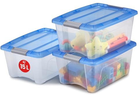 Iris Ohyama Storage Boxes with Lids, 15L, Set of 3, Blue, Secure Buckles, Stackable, Pull-Handles, For Bedroom, Closet, Office, Organisation, BPA Free Plastic, Clothes Tote, NTB-15
