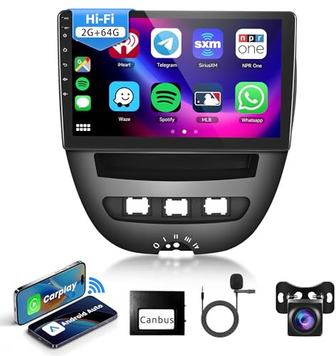 2G 64G Android Car Stereo for Peugeot 107/Citroen C1/Toyota Aygo 2004-2014 with Wireless Carplay Android Auto,Rimoody 10.1 Inch Touch Screen Car Radio with GPS Bluetooth FM RDS HiFi WiFi Backup Camera