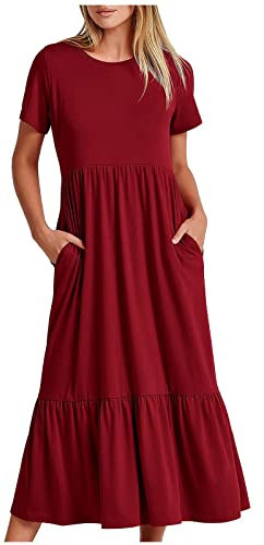 Women Dress Sale Clearance Summer Casual Short Sleeve Crewneck Swing Dress Flowy Tiered Maxi Beach Dress With Pockets UK Ladies Dress Party Elegant Beach Dress Club Cocktail Work Dresses