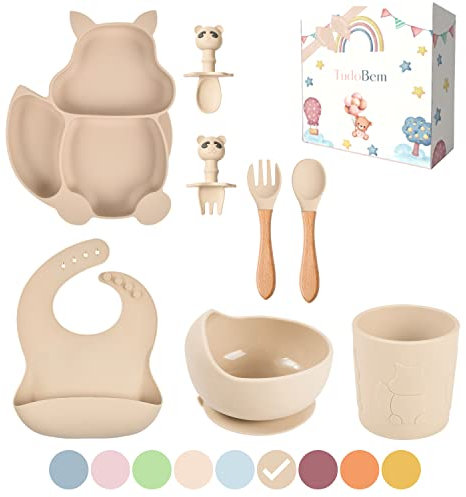 TudoBem Coffret Repas Bebe Accessoire [8 Pièces], Set Vaisselle Bebe 1er age, Assiette Bebe, Bol Ventouse pour Bébé, Cadeau Bebe Garcon, Vaisselle Enfant Complete, Bôite Cadeau Prête à Offrir, Beige