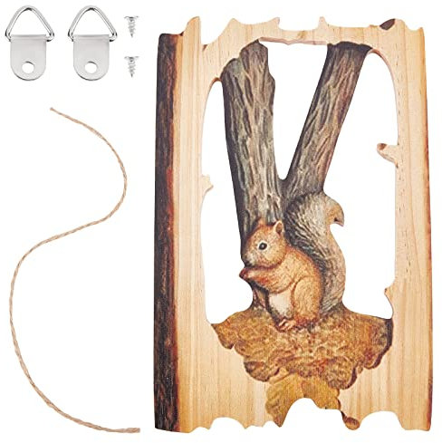 CREATCABIN ArdilAnimal Madera Tallada Artesanía Colgante Pared Placa Arte Adorno Madera Figura Estatua Rústica Granja Granja Patio Decoración D Hogar Regalos para Navidad Cumpleaños Familia