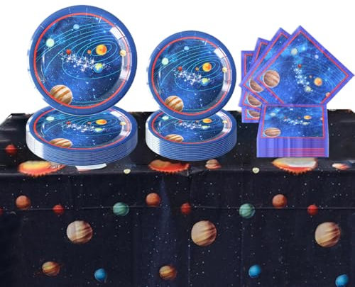 PIUMOJ Weltraum Partygeschirr Set, Partygeschirr Kindergeburtstag Planeten, Space Galaxy Party Geschirr Set, Pappteller, Servietten, Tischdecke, Weltraum Theme Partyzubehör, 16 Gäste