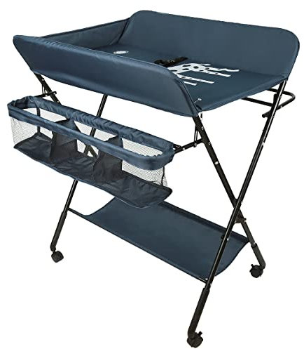 Belfoyer Table à Langer Pliable et Portable Table à Langer avec 4 roulettes, Station à langer portable, 80 x 66 x 92-98 cm (Bleu foncé)