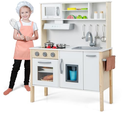 DREAMADE Cuisine Enfant en Bois, Jeu de Cuisine avec Micro-Ondes, Hotte Aspirante, Plaques de Cuisson, Évier de Jeu, Four, Machine à Glaçons, Cuisine avec Sons pour garçons & Filles 3-6 Ans (Blanc)