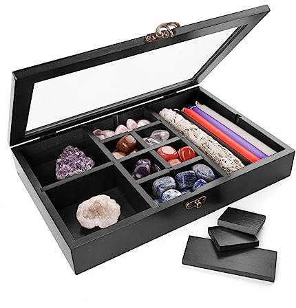 Dormitology Holzerner abnehmbarer Schaukasten mit transparentem Deckel – für Edelsteine, Mineralien, Fossilien, Kristalle, Steine, Juwelen, auch als Schmuckkästchen nutzbar