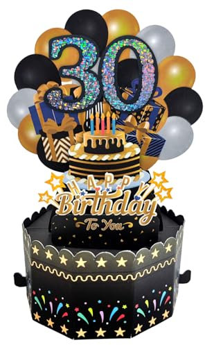 30.Pop Up Geburtstagskarte,Schwarze Gold Grußkarte 30er Geburtstag 3D Popup Karten Glückwunschkarte mit Umschlag Frauen Männer Geschenkideen
