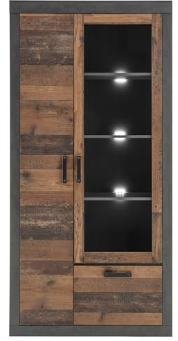 Vitrine in Old Used Wood Holz Shabby Design mit grau Matera Vitrinenschrank Wohnzimmer Esszimmer Schrank 97 x 201 cm Ward (Vitrine 2)