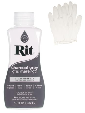 Rit Dye - Tinte líquido para tela, para manualidades, ropa y decoración, botella de 8 onzas, gris carbón (guantes incluidos)
